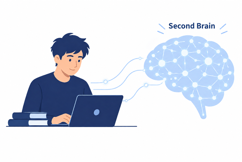 A researcher's laptop connected to a networked second brain