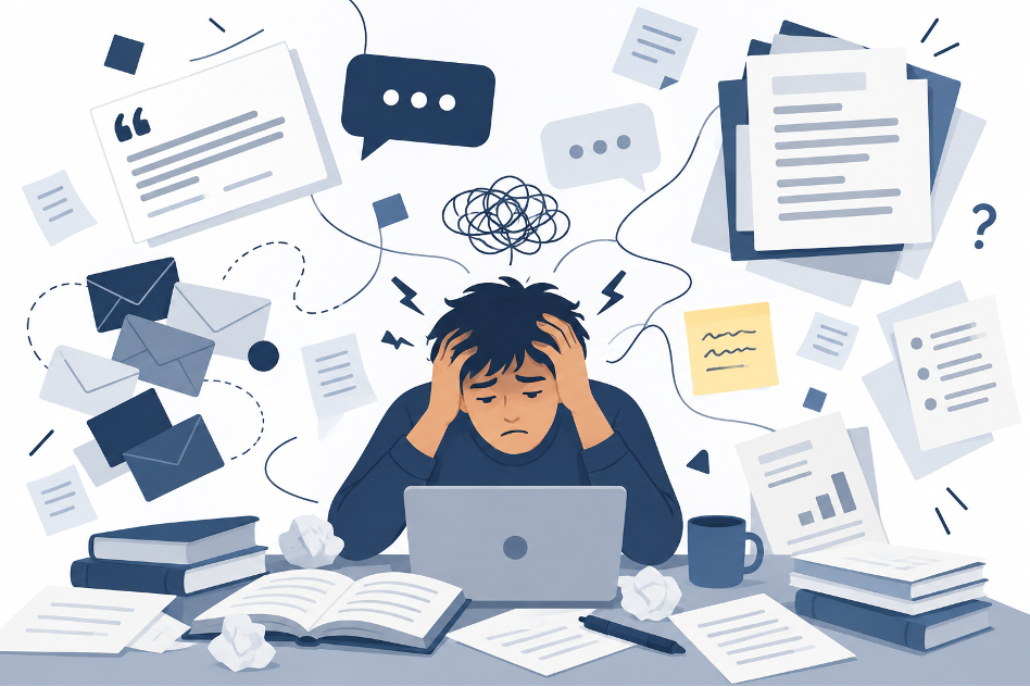 An overwhelmed researcher surrounded by scattered papers, emails, and notes