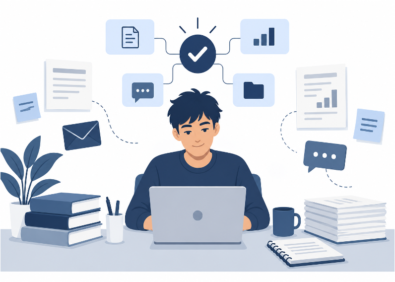 A researcher working calmly with organized, categorized information around them