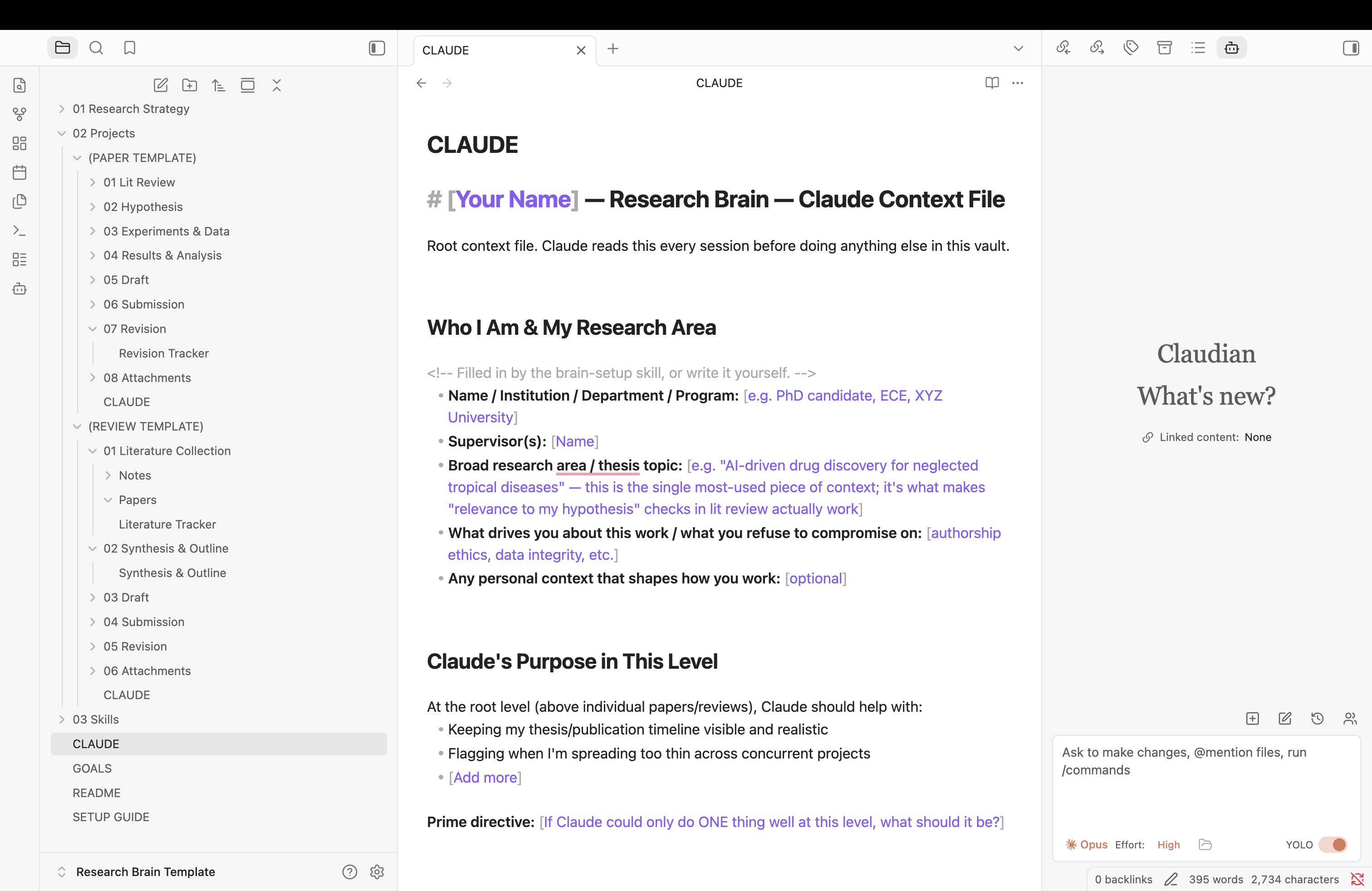 The root CLAUDE.md file, showing sections for research area, supervisor, and Claude's purpose at the root level