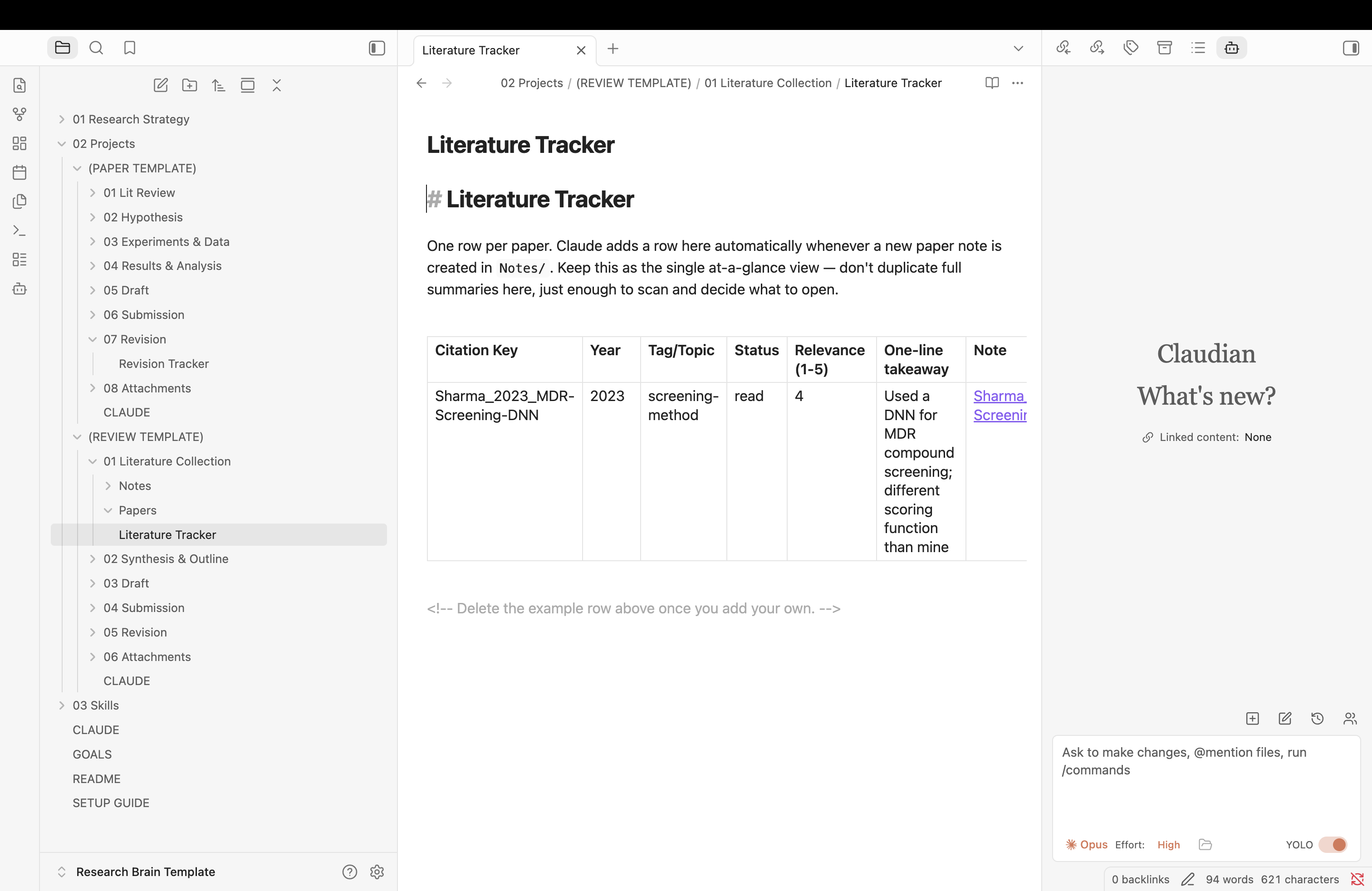 The Literature Tracker table, with one row per paper showing citation key, year, tag, status, relevance score, and a one-line takeaway