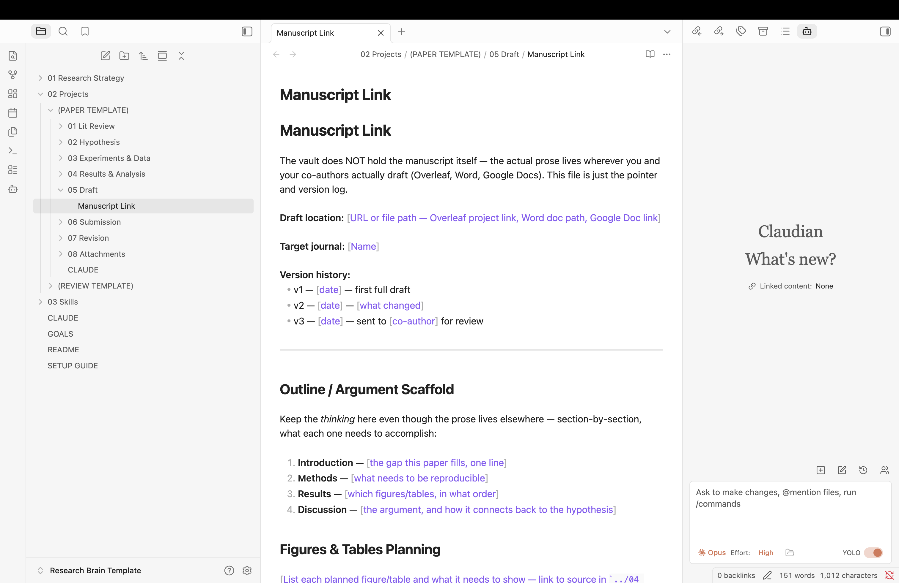 The Manuscript Link note, pointing to where the draft actually lives (Overleaf, Word, Google Docs) plus a version history log